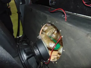 Narcotics hidden in speaker box.