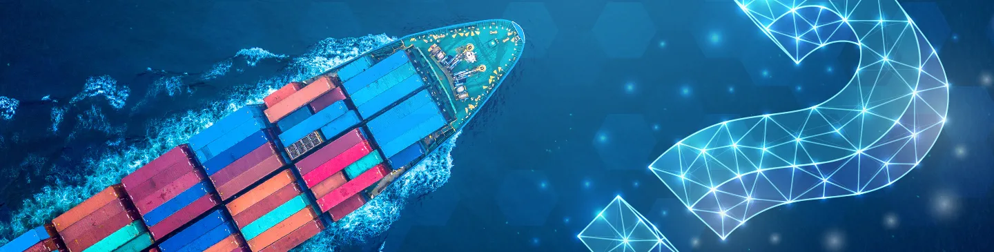 Shipping Containers on a cargo ship with a overlay of a question mark