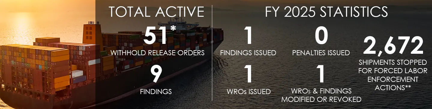 Total active statistics of 51 withhold release orders and 9 active findings. For FY24, 1 findings issued, 0 penalties issued, 1 withhold release order issued, 1 withhold release orders and findings modified or revoked, and 2,672 shipments stopped for forced labor enforcement actions. $80.42 million in forced labor entry value.