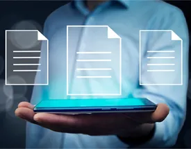 Outstretched hand holding tablet. Overlay graphics depicting documents hover above the glowing tablet.