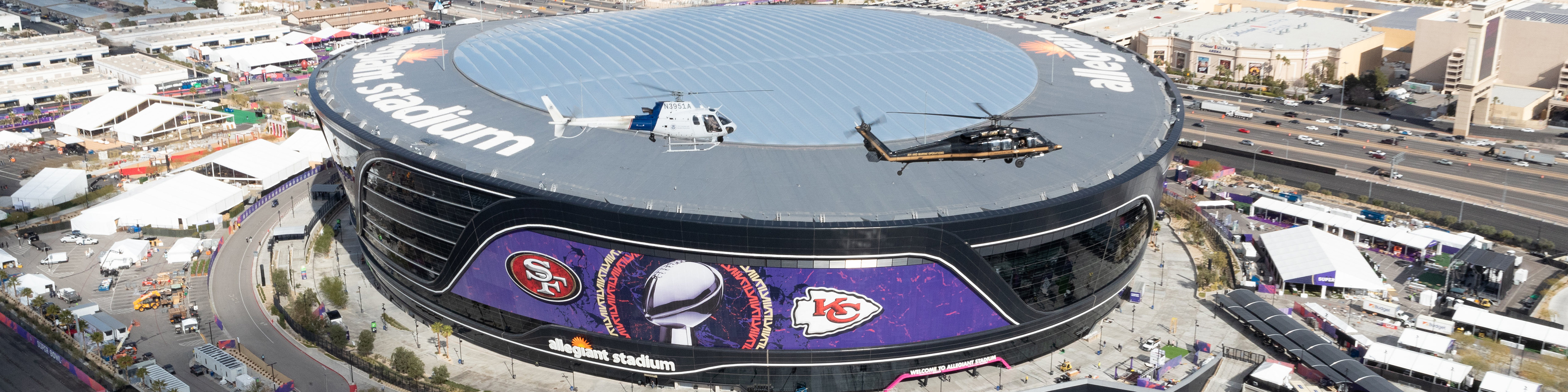 Air and Marine Operations helicopters fly by the Allegiant Stadium during Super Bowl LVIII