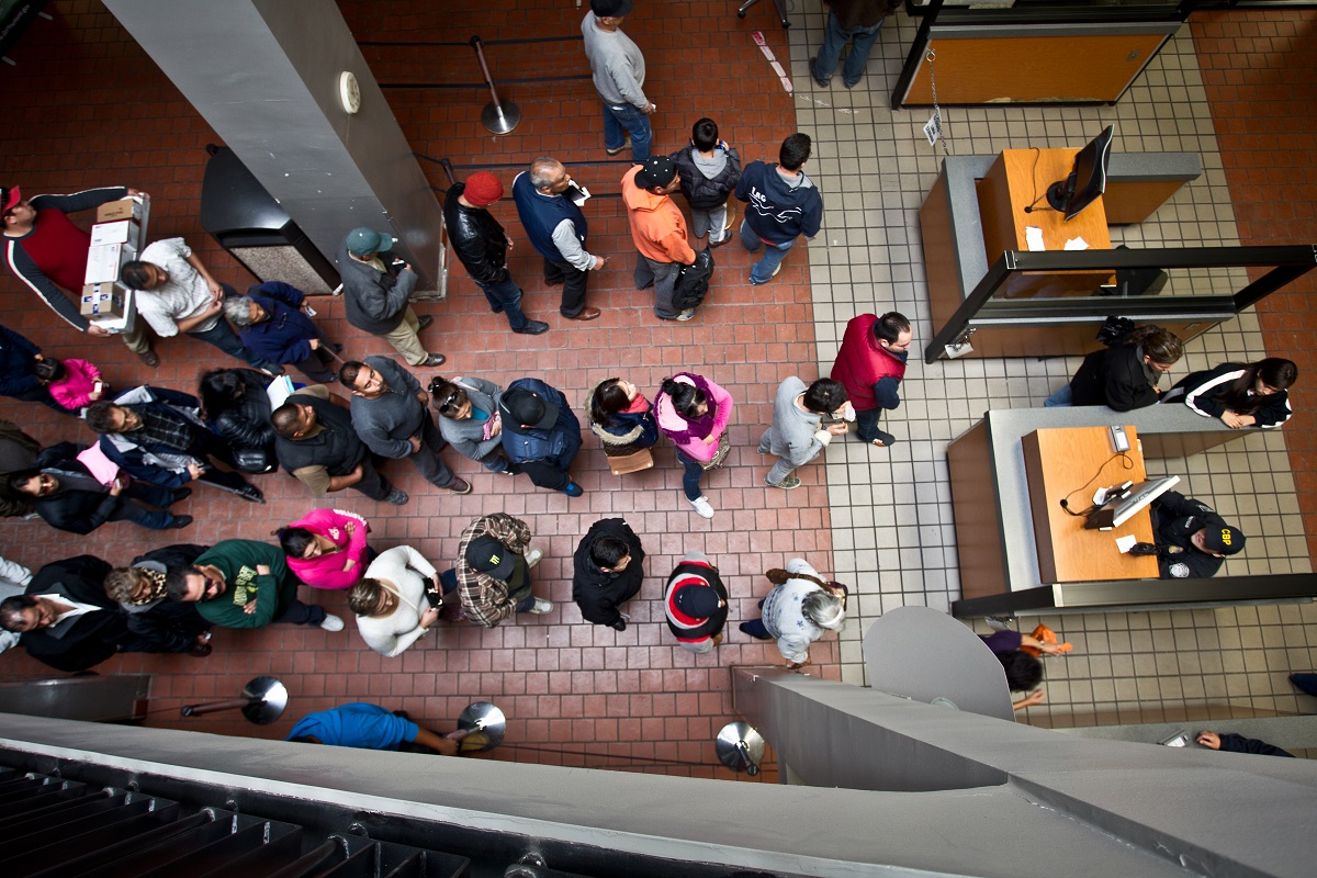 Pedestrians line up for CBP processing at the Calexico, Calif. port of entry. (photo by Josh Denmark)