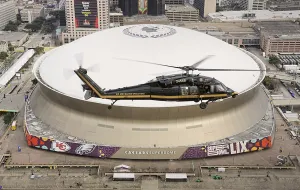 CBP Air and Marine Operations helicopter flies over the site of Super Bowl LIX